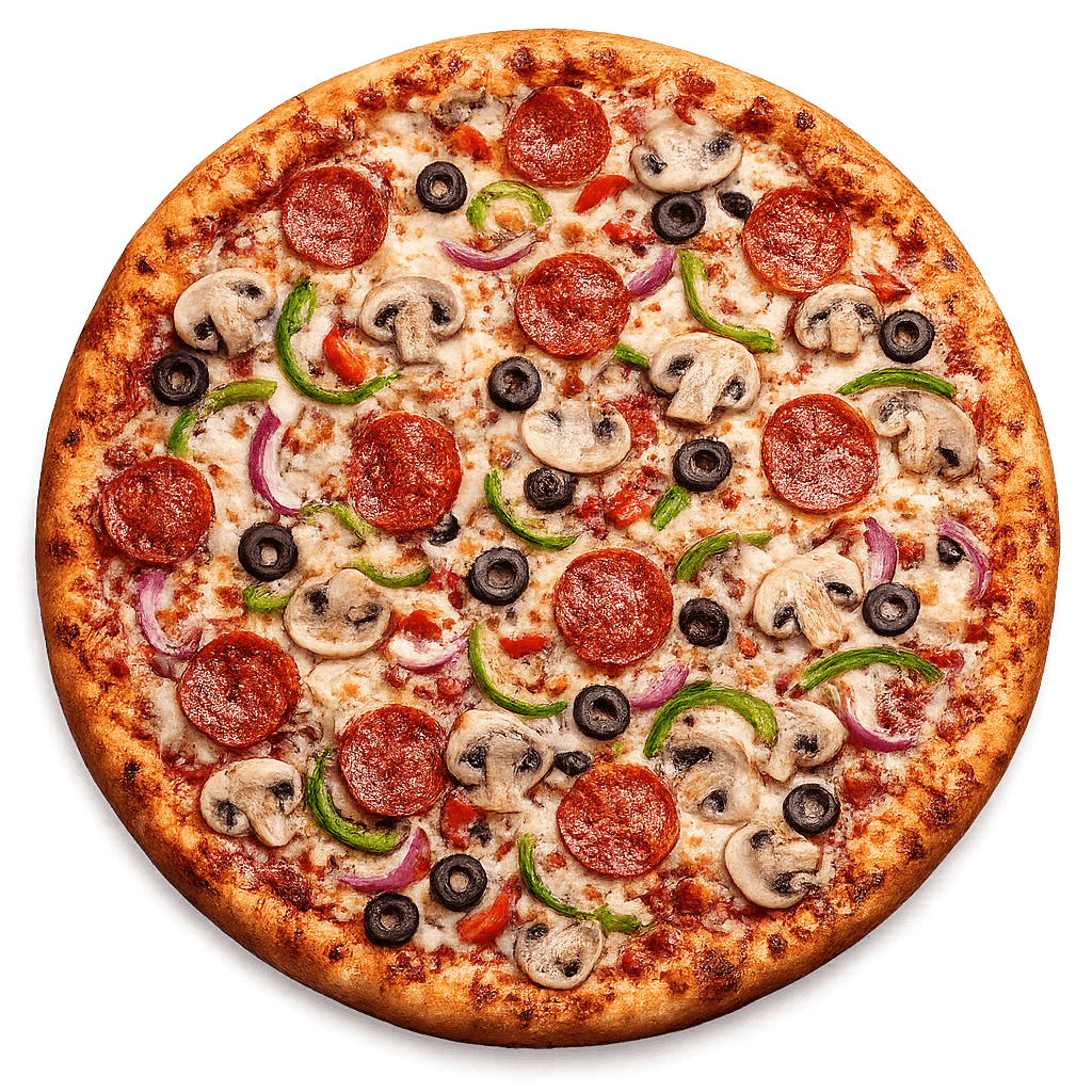 Loaded signature pizza with pepperoni, mushrooms and olives, slowly rotating