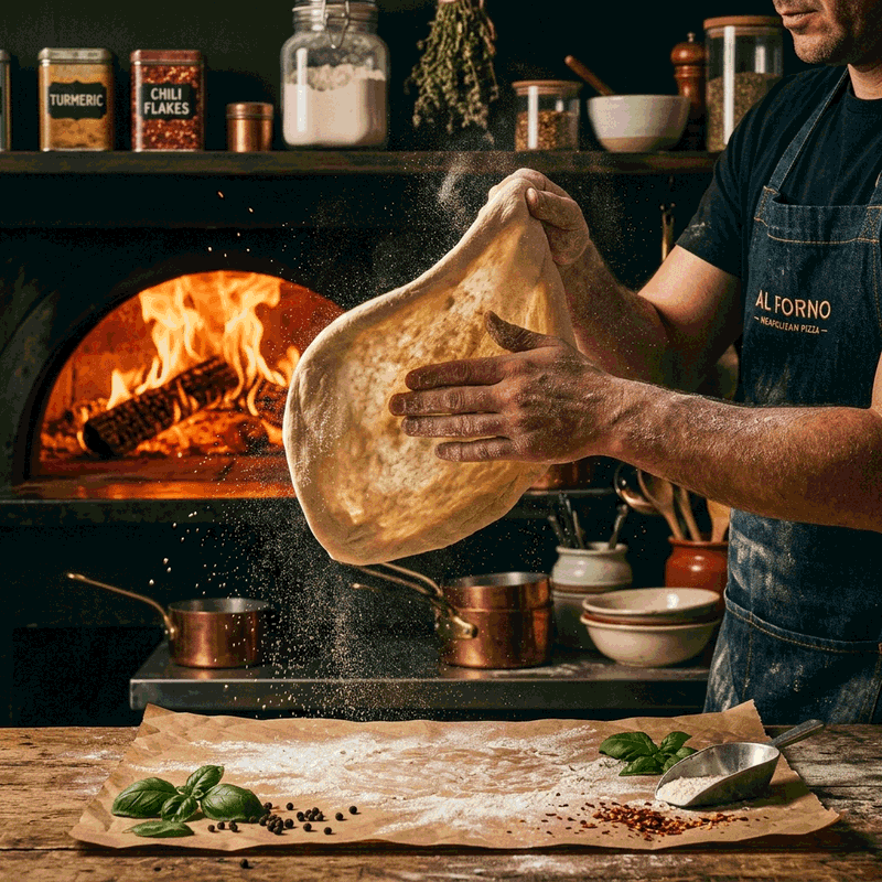 Chef stretching fresh pizza dough in a flour cloud