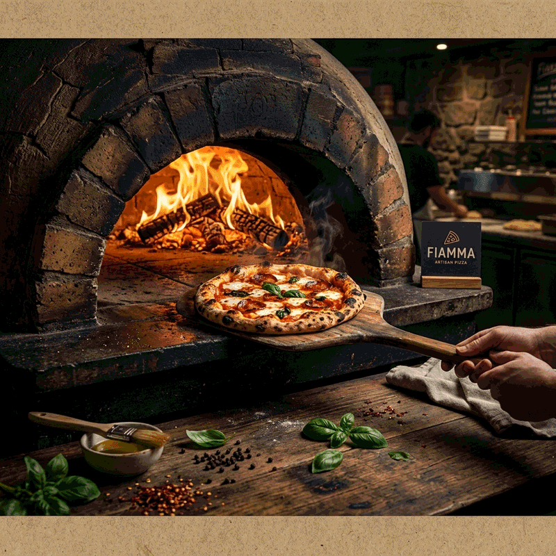 Pizza entering a roaring wood-fired oven on a wooden peel