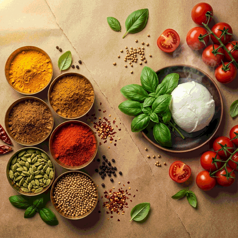 Indian spices in brass bowls beside fresh mozzarella and basil